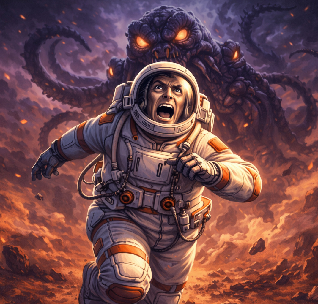 Способность DALL·E к комплексному анализу поражает. Даже при описании «напуганного астронавта» передается напряжение позы и угрожающий фон.